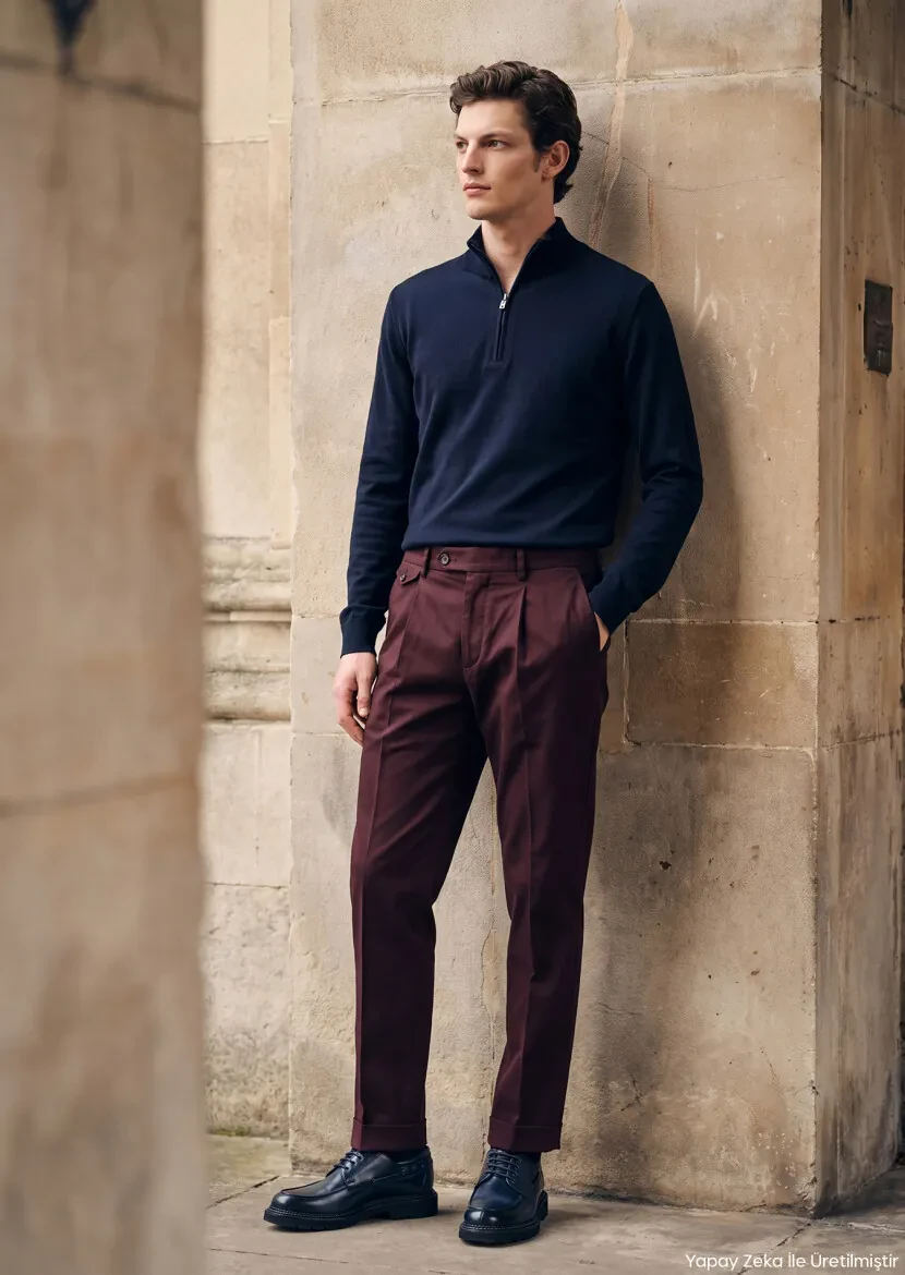 Damson Color Weaving Relaxed Fit Casual Cotton Blended Trousers - RAMSEY