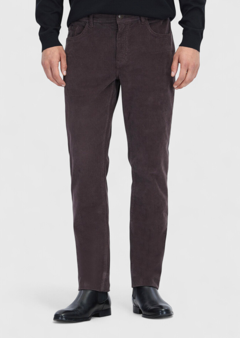 Damson Color Weaving Slim Fit Casual Cotton Blended Trousers - RAMSEY