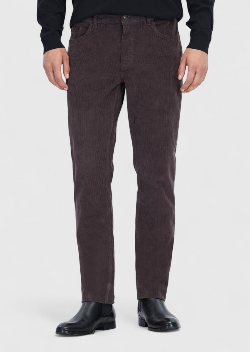 Damson Color Weaving Slim Fit Casual Cotton Blended Trousers - 2