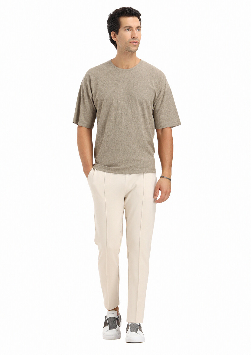 Dark Beige Jacquard Crew Neck 100% Cotton T-Shirt - 1