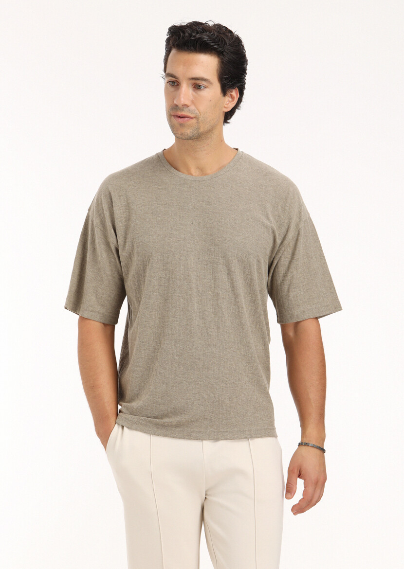 Dark Beige Jacquard Crew Neck 100% Cotton T-Shirt 