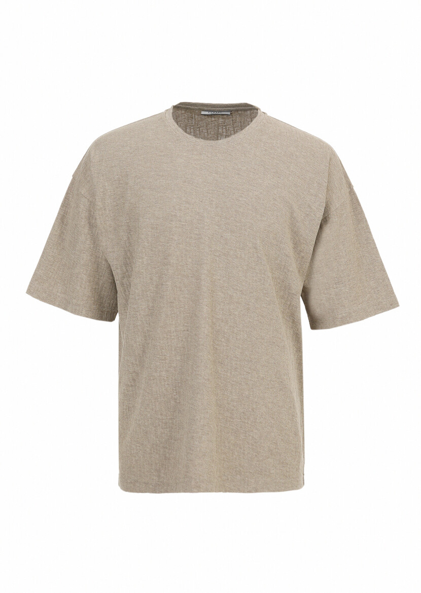 Dark Beige Jacquard Crew Neck 100% Cotton T-Shirt - 7