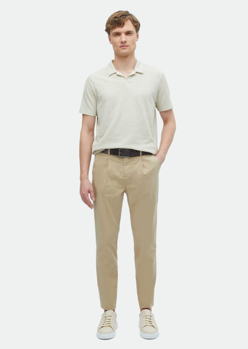 Dark Beige Jacquard Polo Neck 100% Cotton T-Shirt 