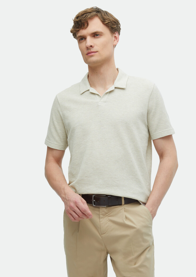 Dark Beige Jacquard Polo Neck 100% Cotton T-Shirt 