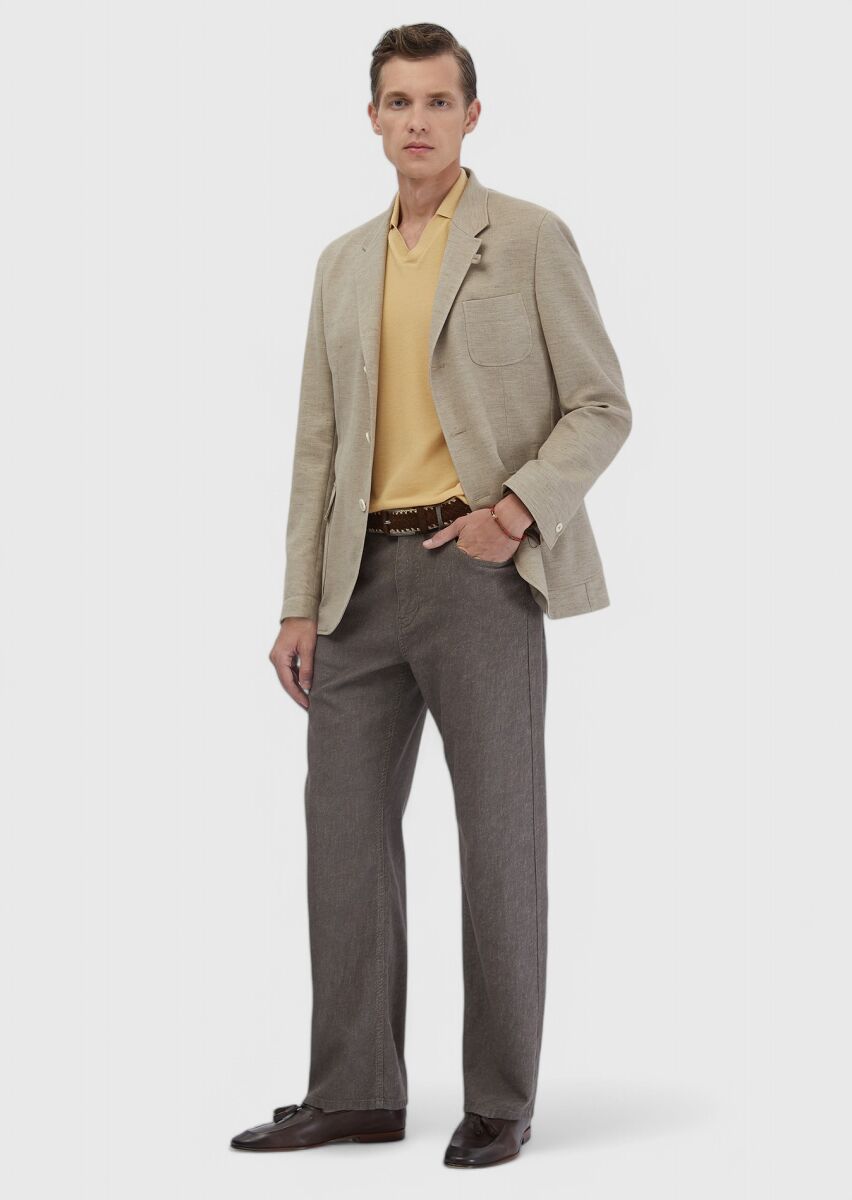 Dark Beige Plain Shirt Shoulder Slim Fit Cotton Blended Jacket - 2