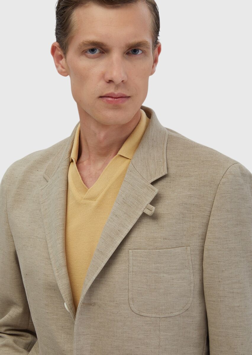 Dark Beige Plain Shirt Shoulder Slim Fit Cotton Blended Jacket - 5