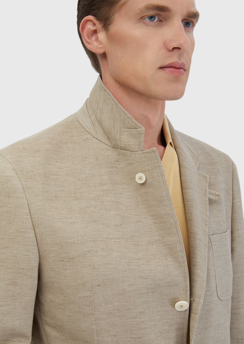 Dark Beige Plain Shirt Shoulder Slim Fit Cotton Blended Jacket - 6