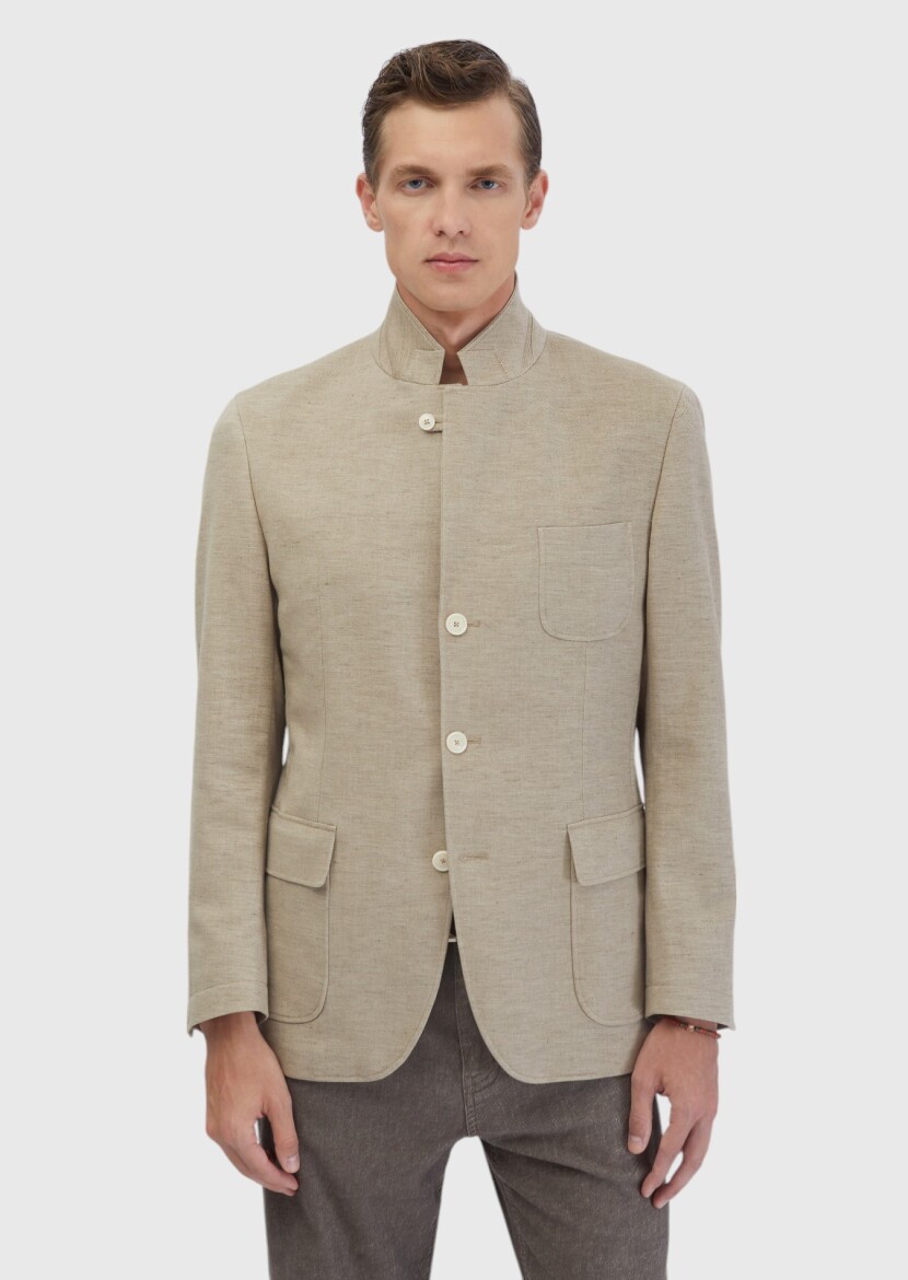 Dark Beige Plain Shirt Shoulder Slim Fit Cotton Blended Jacket - 7