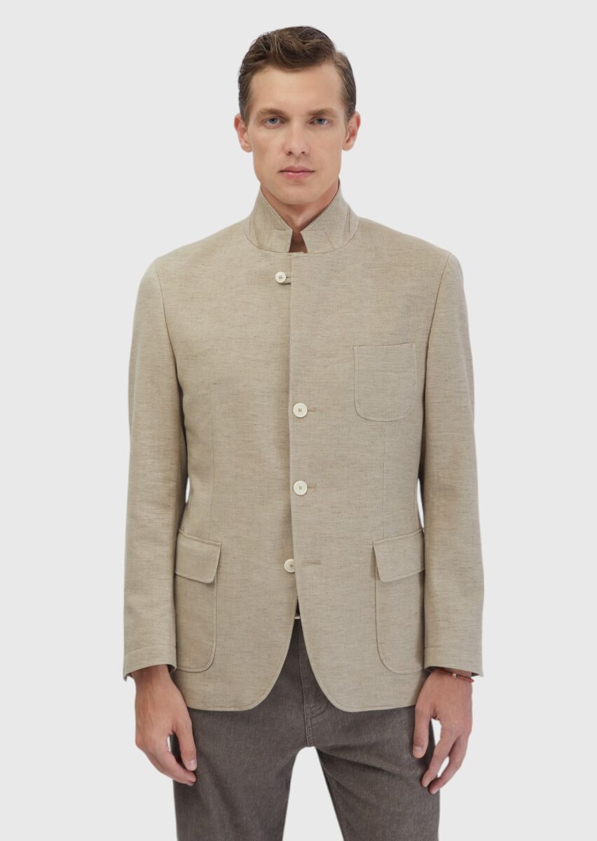 Dark Beige Plain Shirt Shoulder Slim Fit Cotton Blended Jacket - 7