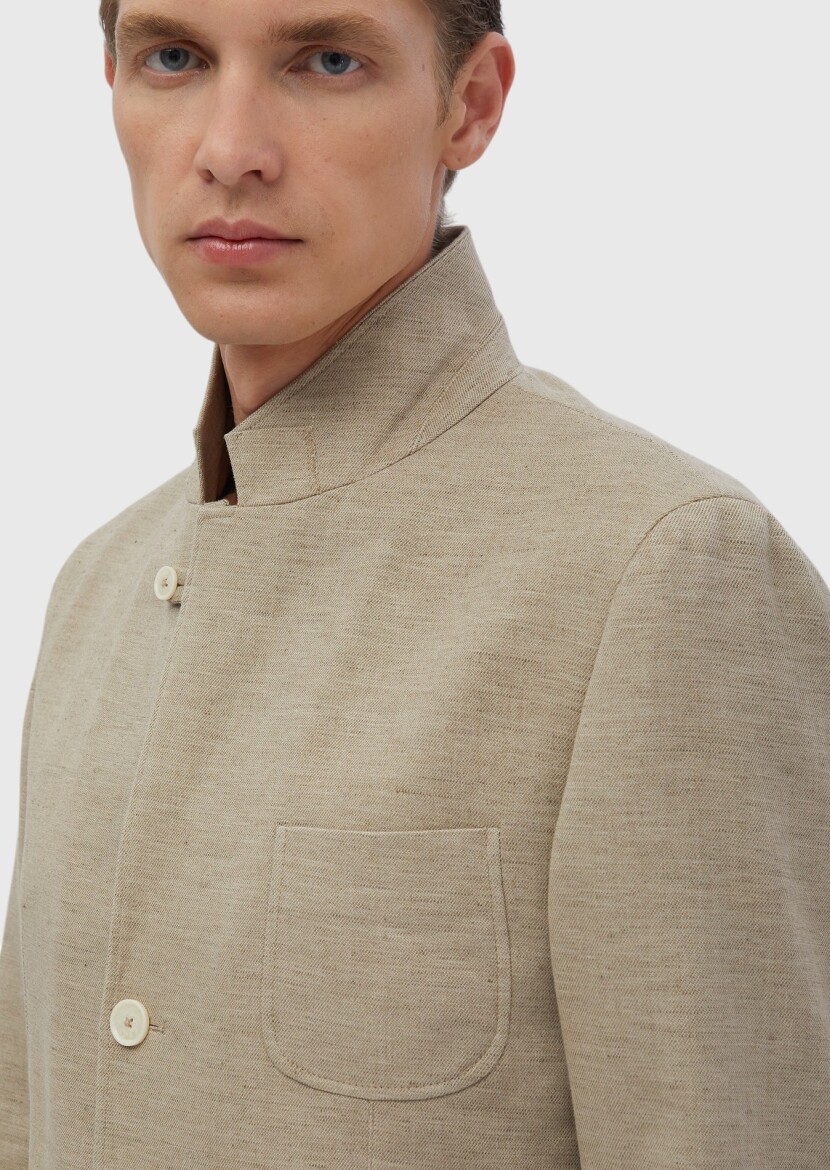Dark Beige Plain Shirt Shoulder Slim Fit Cotton Blended Jacket - 8