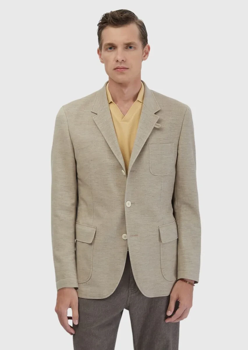 Dark Beige Plain Shirt Shoulder Slim Fit Cotton Blended Jacket - 1