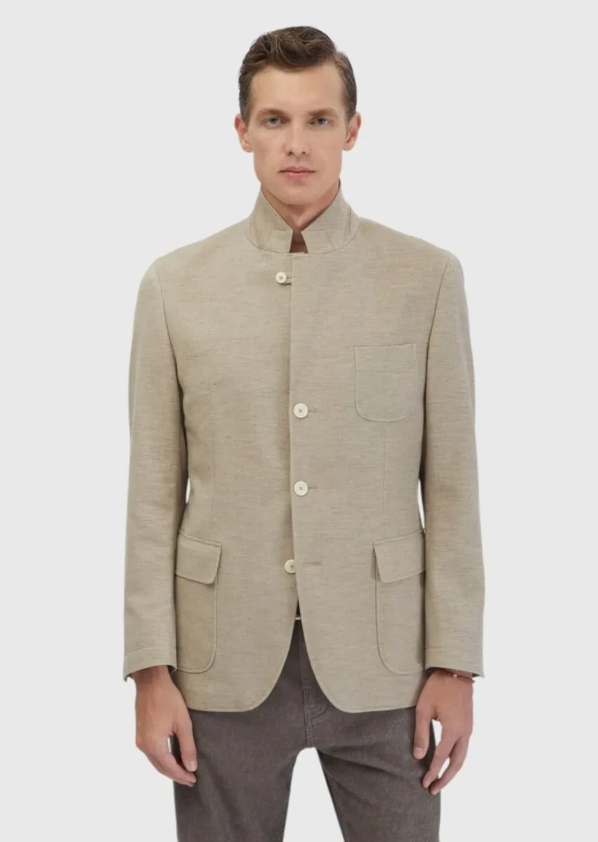 Dark Beige Plain Shirt Shoulder Slim Fit Cotton Blended Jacket - 7