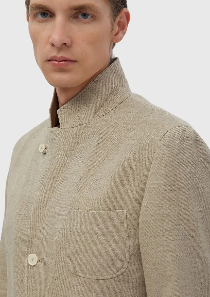 Dark Beige Plain Shirt Shoulder Slim Fit Cotton Blended Jacket - 8