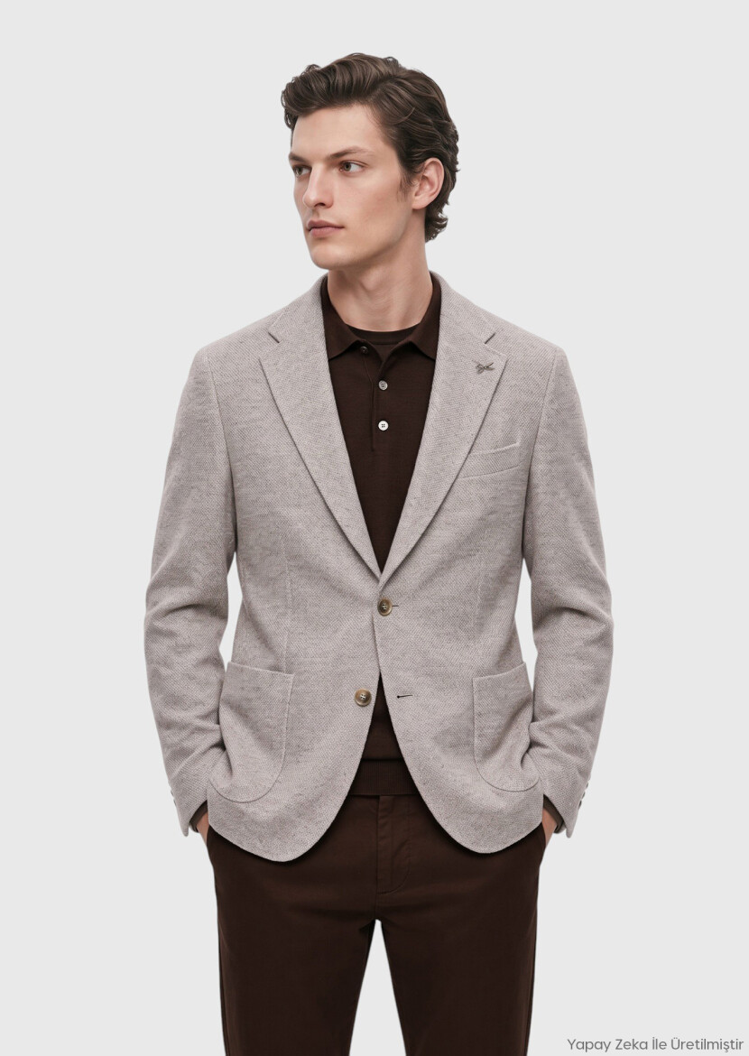 Dark Beige Plain Shirt Shoulder Slim Fit Wool Blended Jacket 