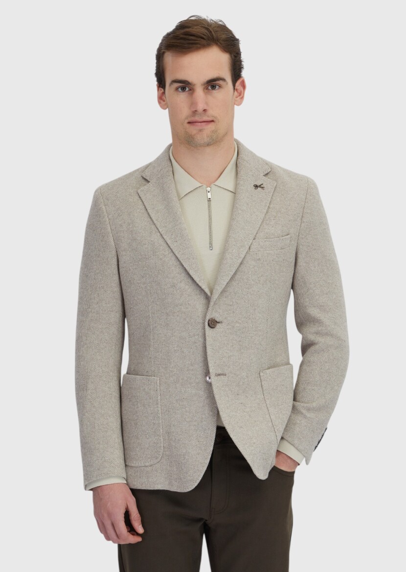 Dark Beige Plain Wool Blended Jacket - 1