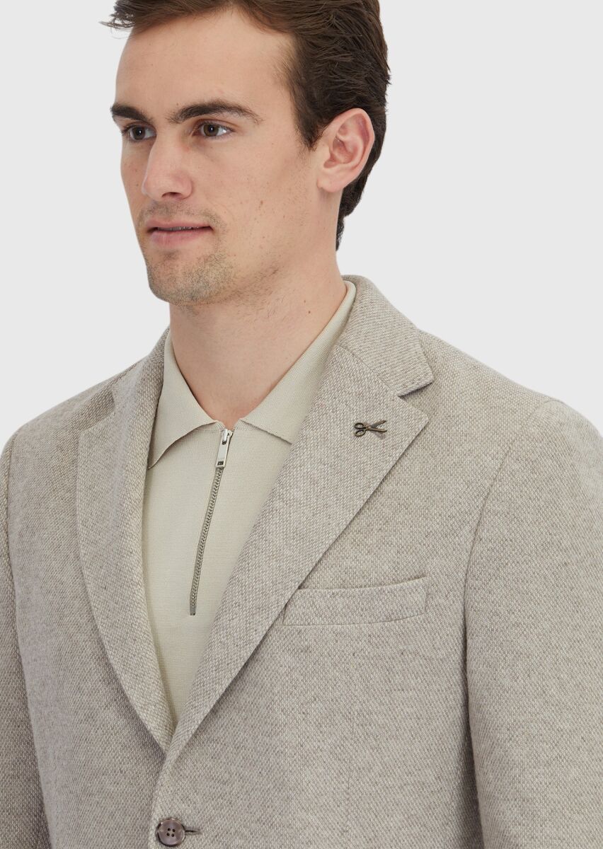 Dark Beige Plain Wool Blended Jacket - 3