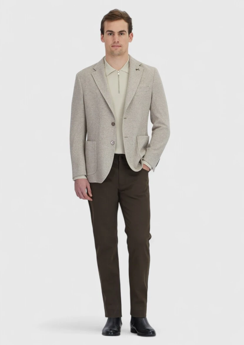 Dark Beige Plain Wool Blended Jacket - RAMSEY