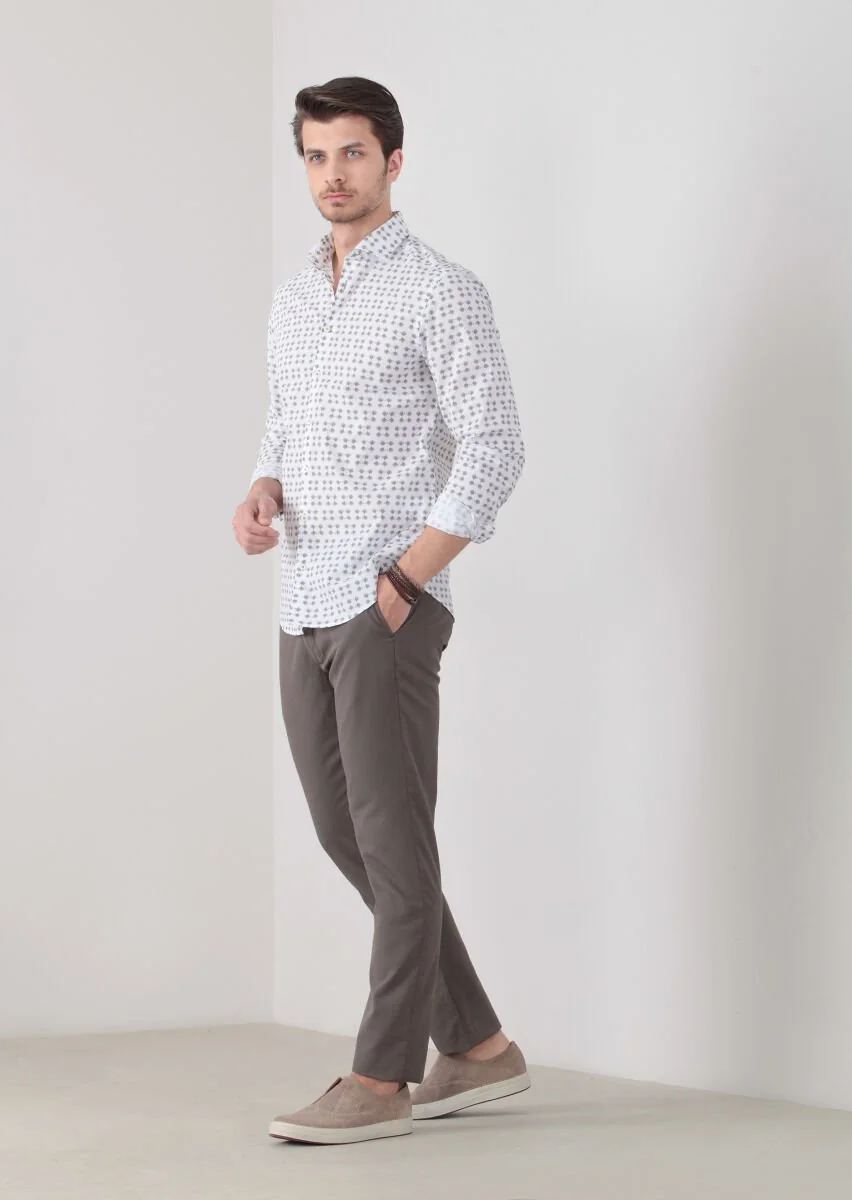 Dark Beige Printed Slim Fit Weaving Casual 100% Cotton Shirt - 2