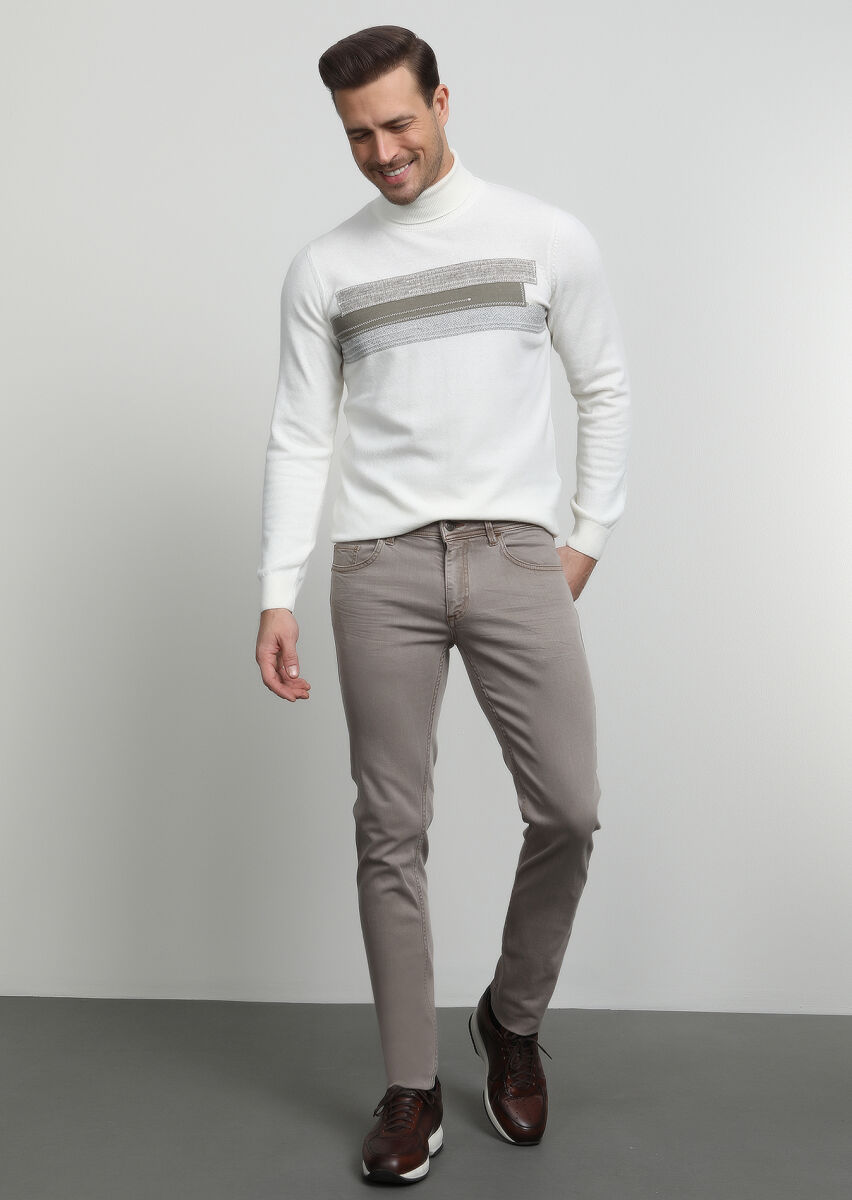 Dark Beige Slim Fit Denim Cotton Blended Trousers - 1