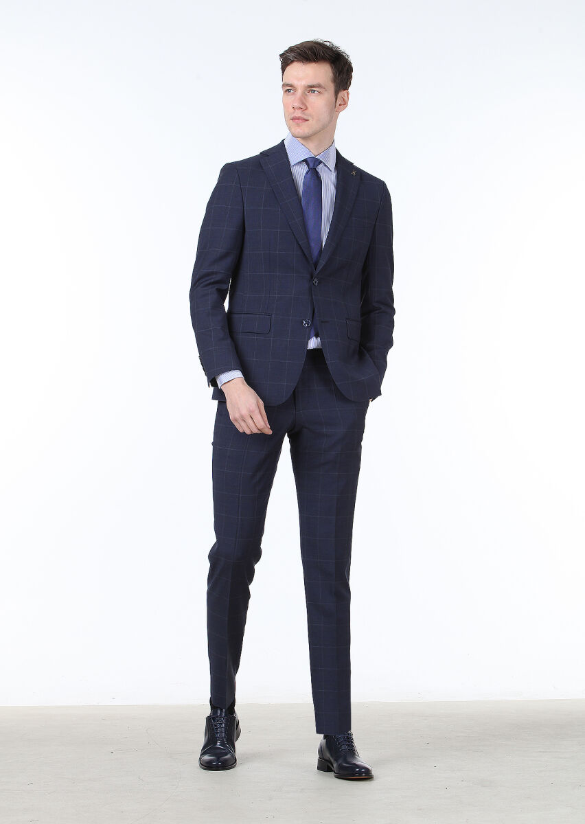 Dark Blue Checkered Modern Fit 100% Wool Suit - 1