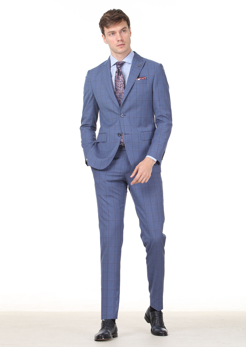 Dark Blue Checkered Modern Fit 100% Wool Suit - 1