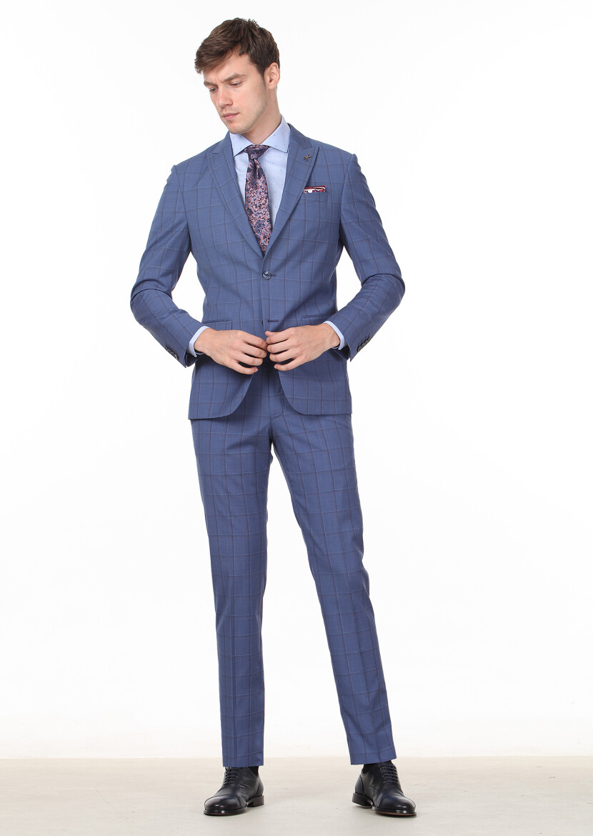 Dark Blue Checkered Modern Fit 100% Wool Suit - 3