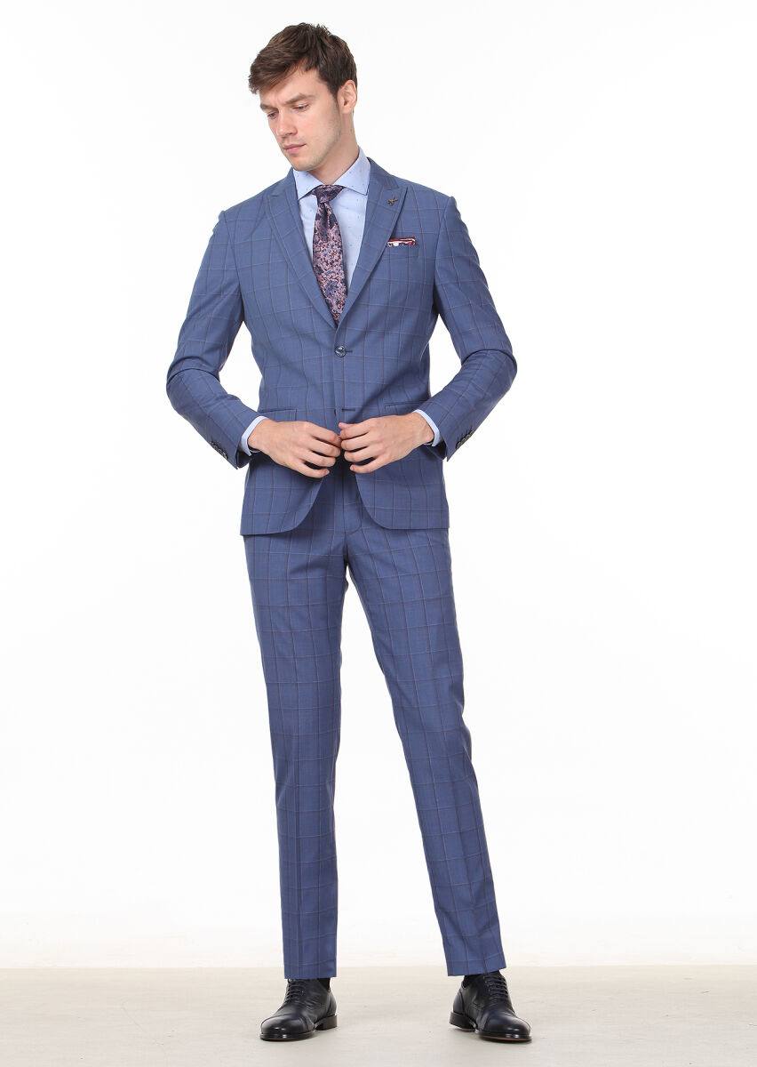 Dark Blue Checkered Modern Fit 100% Wool Suit - 3