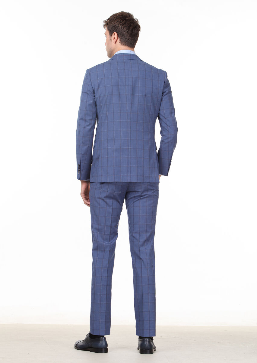 Dark Blue Checkered Modern Fit 100% Wool Suit - 4
