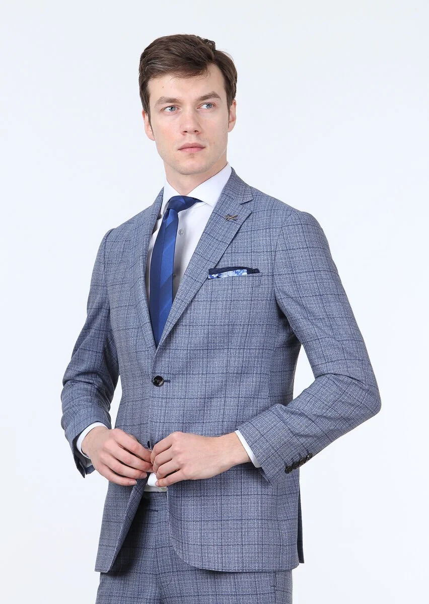 Dark Blue Checkered Regular Fit 100% Wool Suit - 1