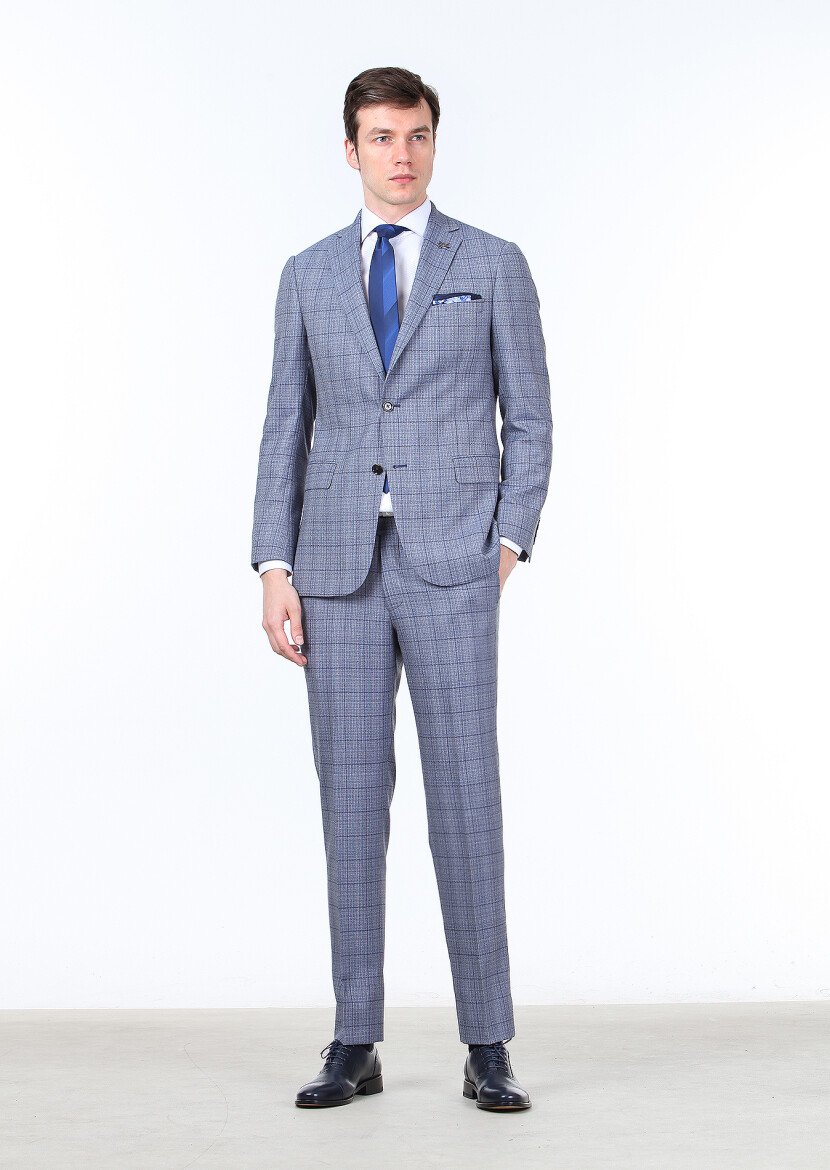 Dark Blue Checkered Regular Fit 100% Wool Suit - 2