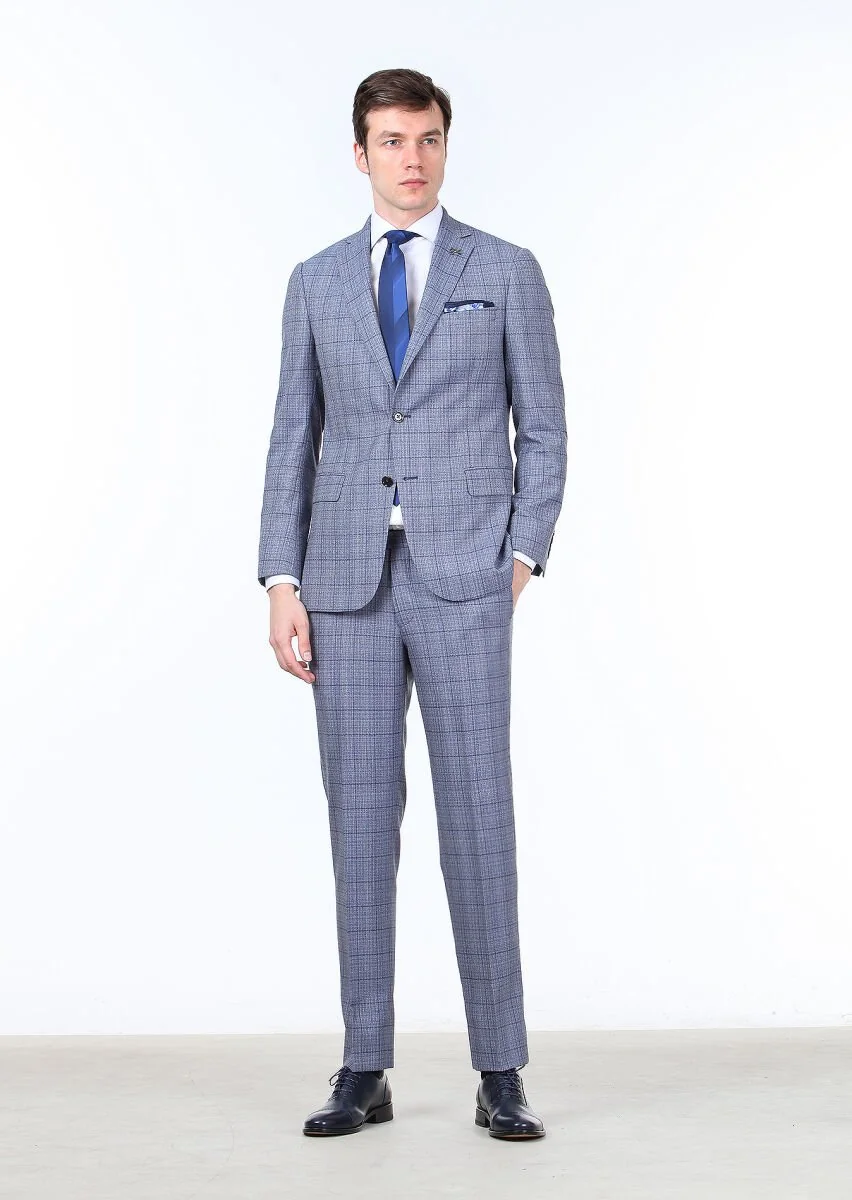 Dark Blue Checkered Regular Fit 100% Wool Suit - 2
