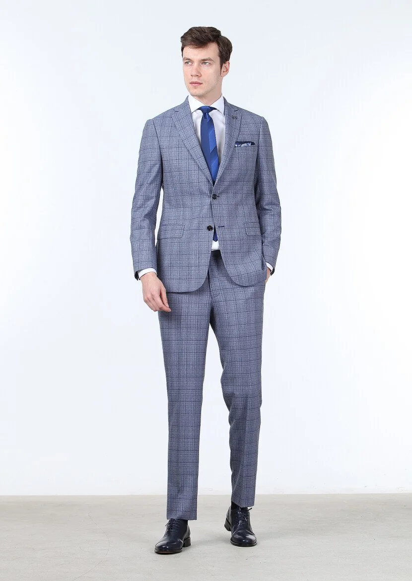 Dark Blue Checkered Regular Fit 100% Wool Suit - 3