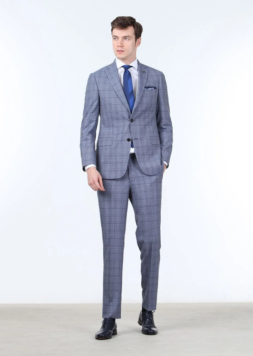 Dark Blue Checkered Regular Fit 100% Wool Suit - 3