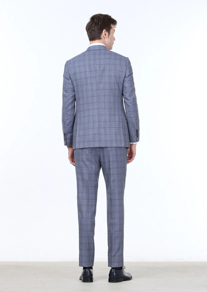 Dark Blue Checkered Regular Fit 100% Wool Suit - 4