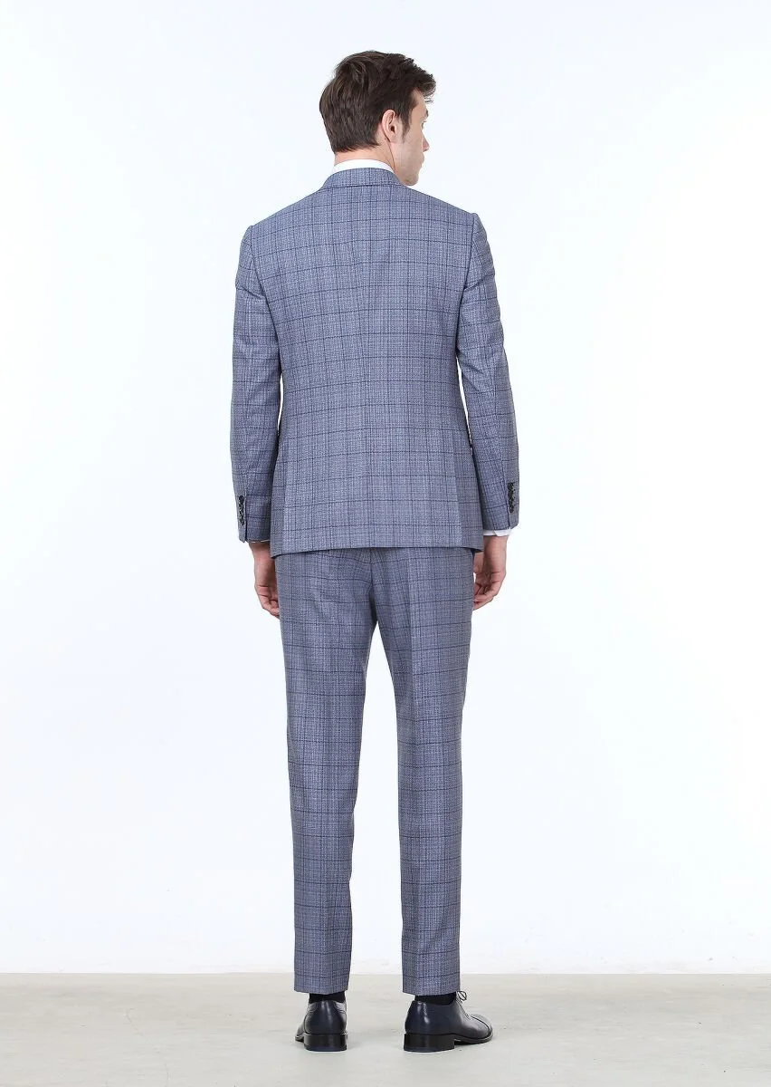 Dark Blue Checkered Regular Fit 100% Wool Suit - 4