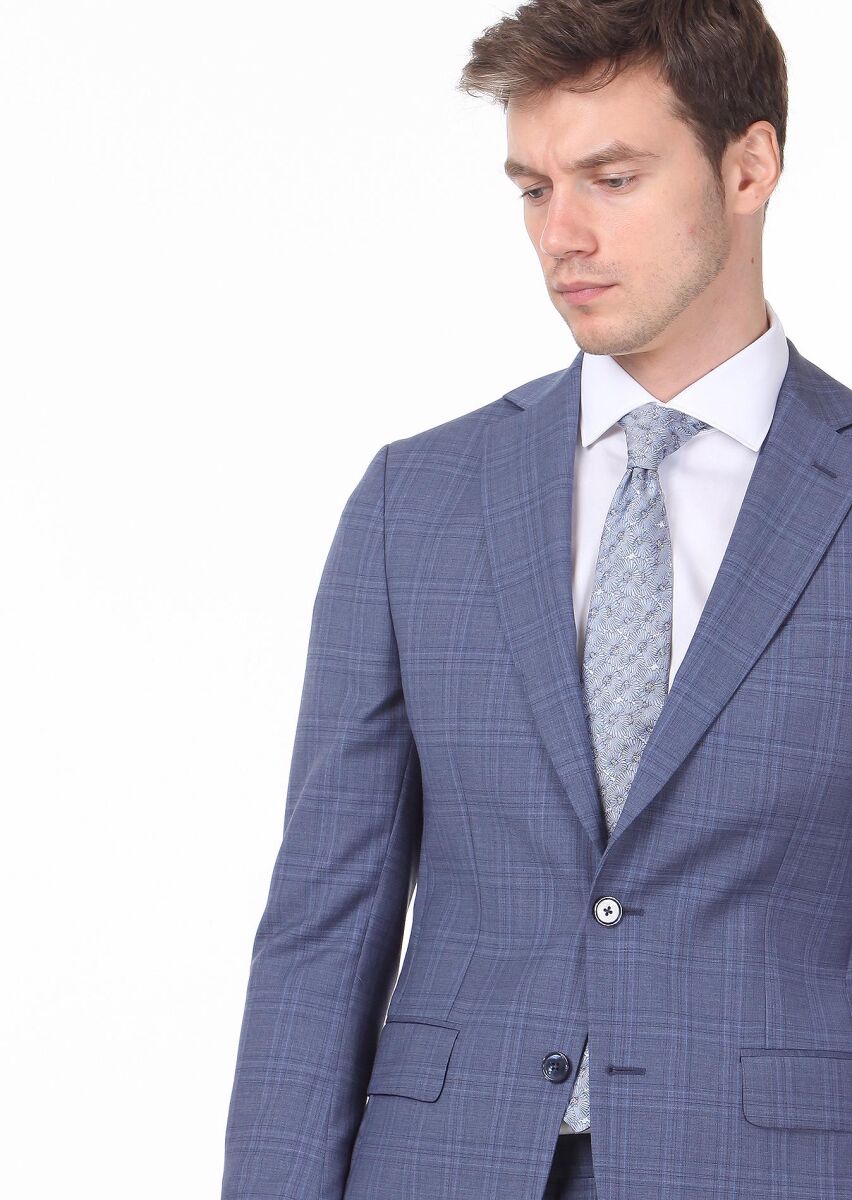 Dark Blue Checkered Regular Fit 100% Wool Suit - 2