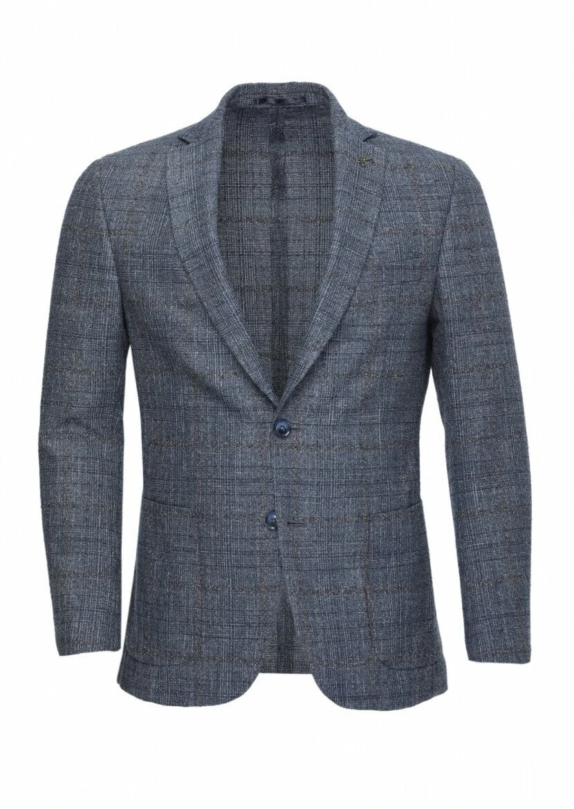 Dark Blue Checkered Wool Blended Jacket - 1