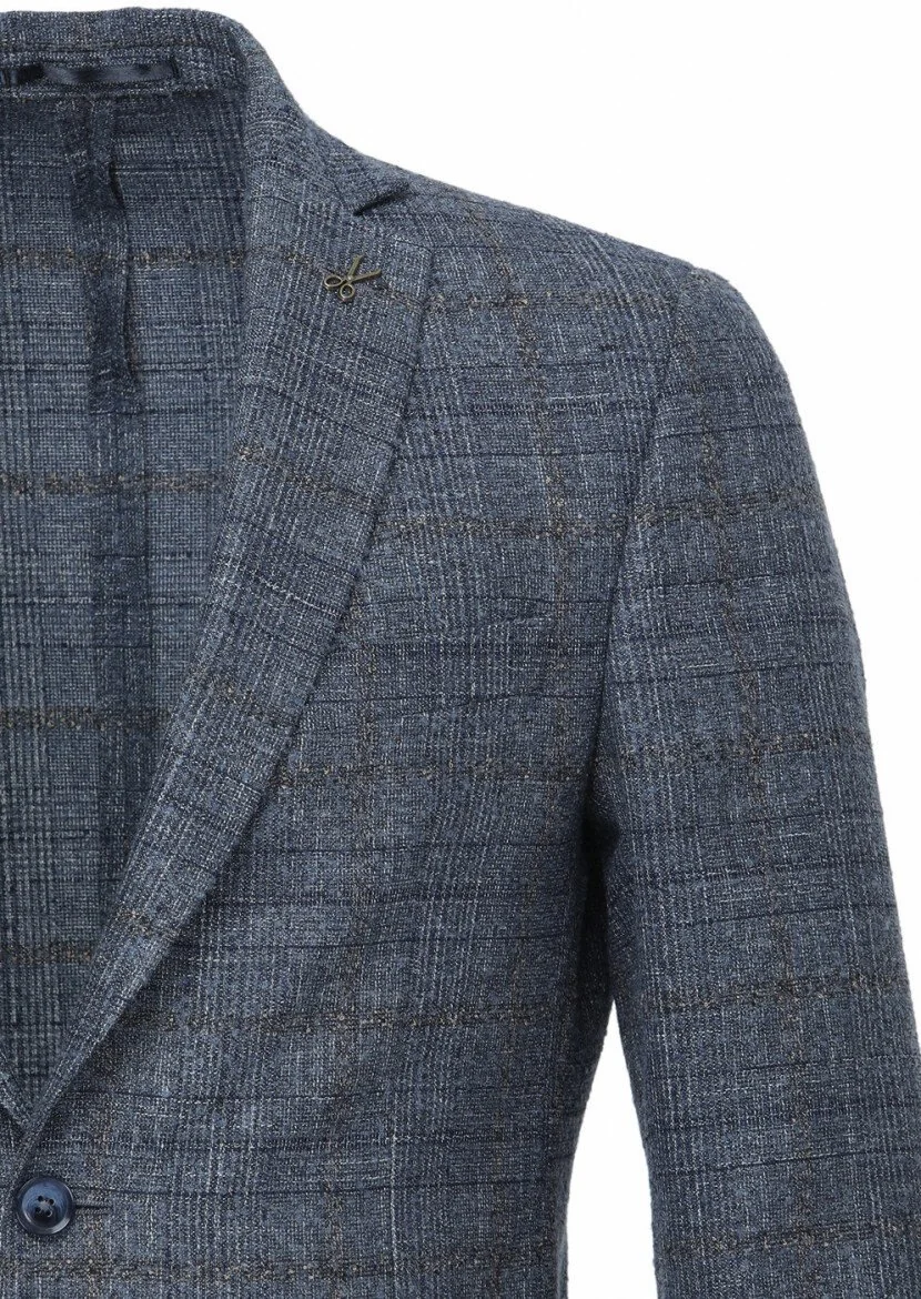 Dark Blue Checkered Wool Blended Jacket - 2