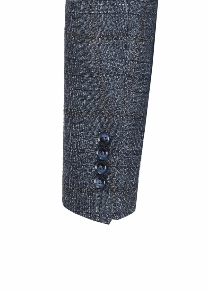 Dark Blue Checkered Wool Blended Jacket - 4