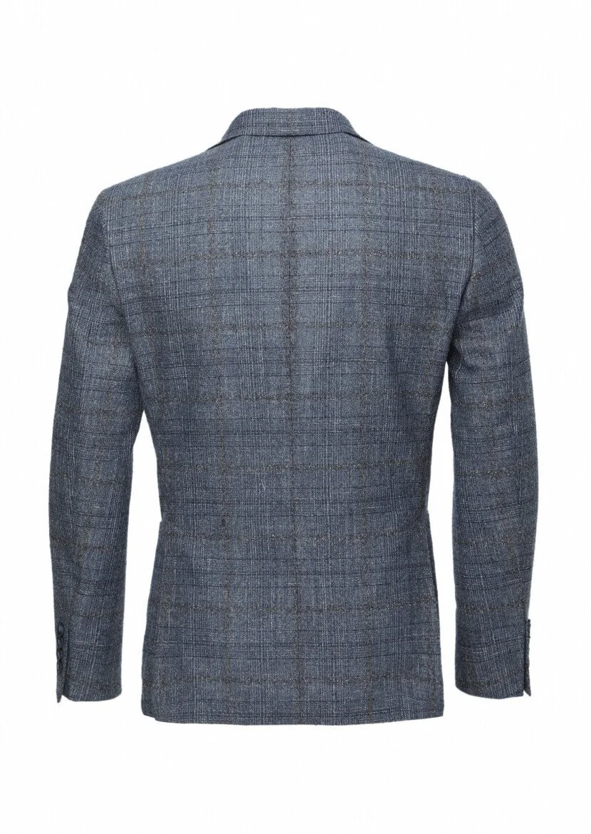 Dark Blue Checkered Wool Blended Jacket - 5