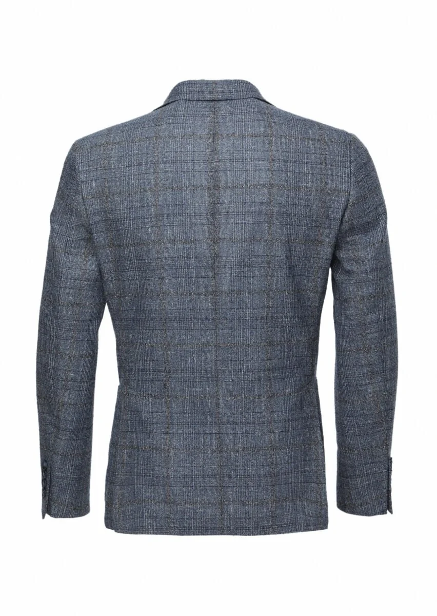 Dark Blue Checkered Wool Blended Jacket - 5