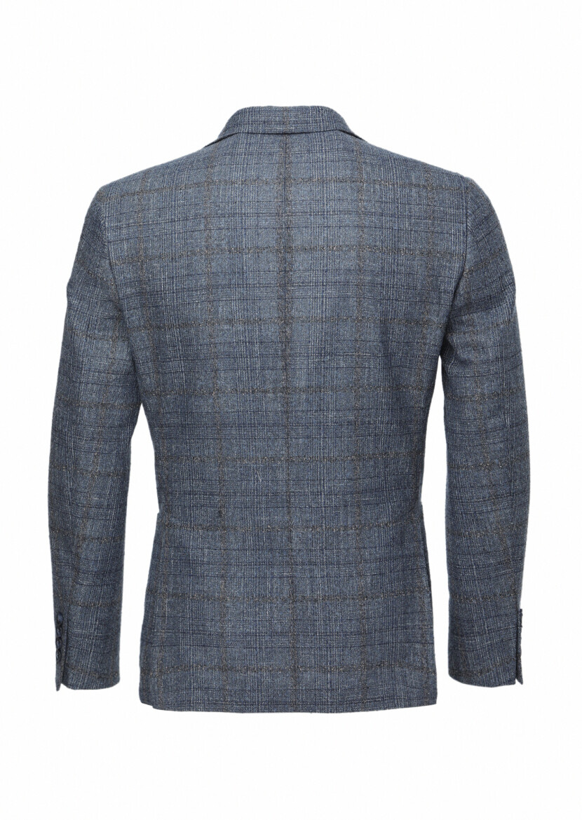 Dark Blue Checkered Zeroweight Slim Fit Wool Blended Jacket - 3
