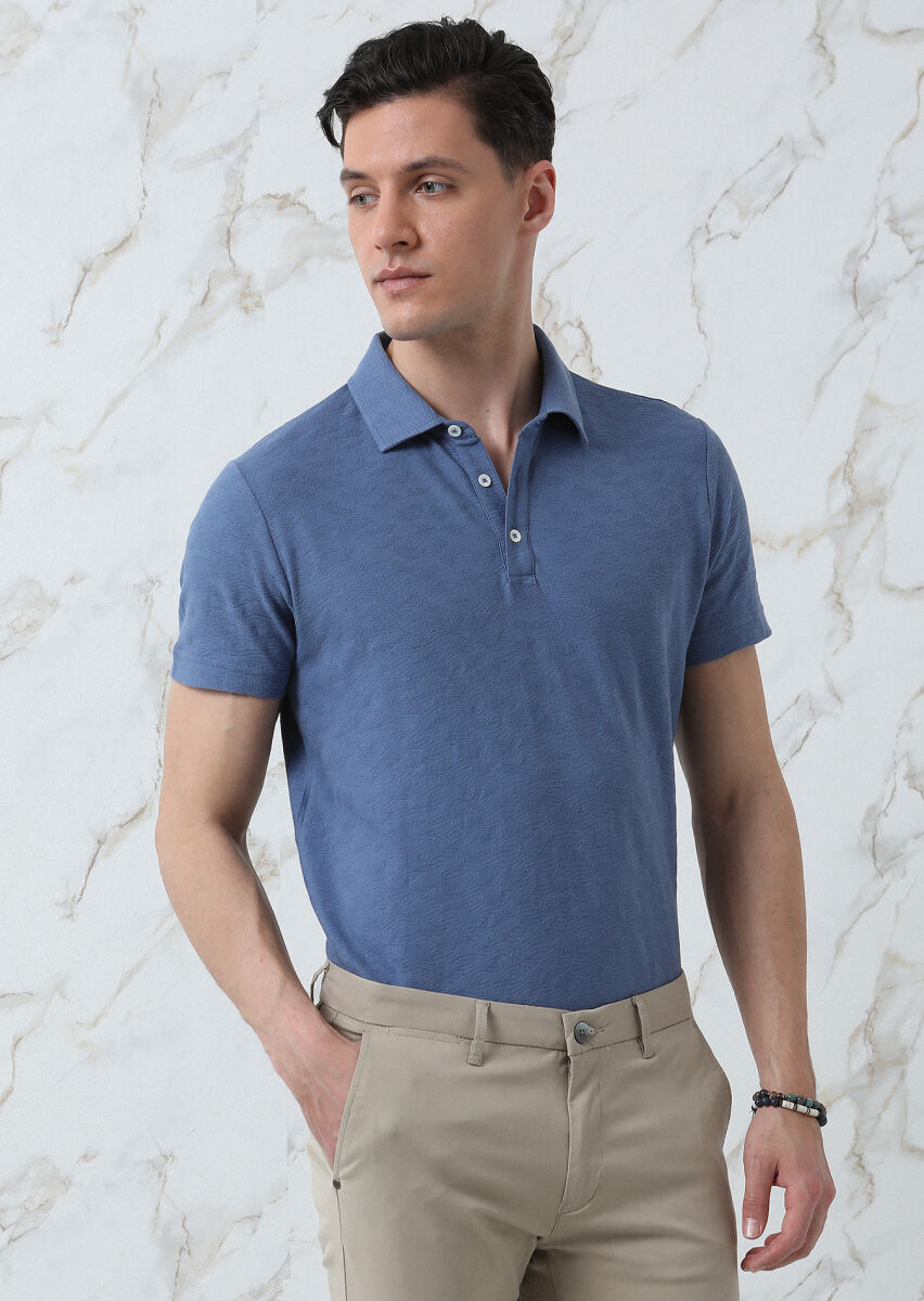 Dark Blue Jacquard Polo Neck 100% Cotton T-Shirt - 2