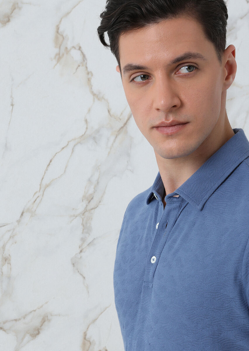 Dark Blue Jacquard Polo Neck 100% Cotton T-Shirt - 3