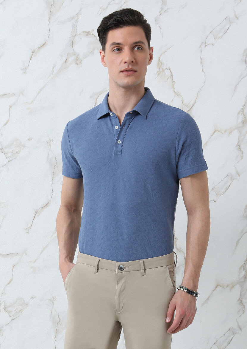 Dark Blue Jacquard Polo Neck 100% Cotton T-Shirt - 4
