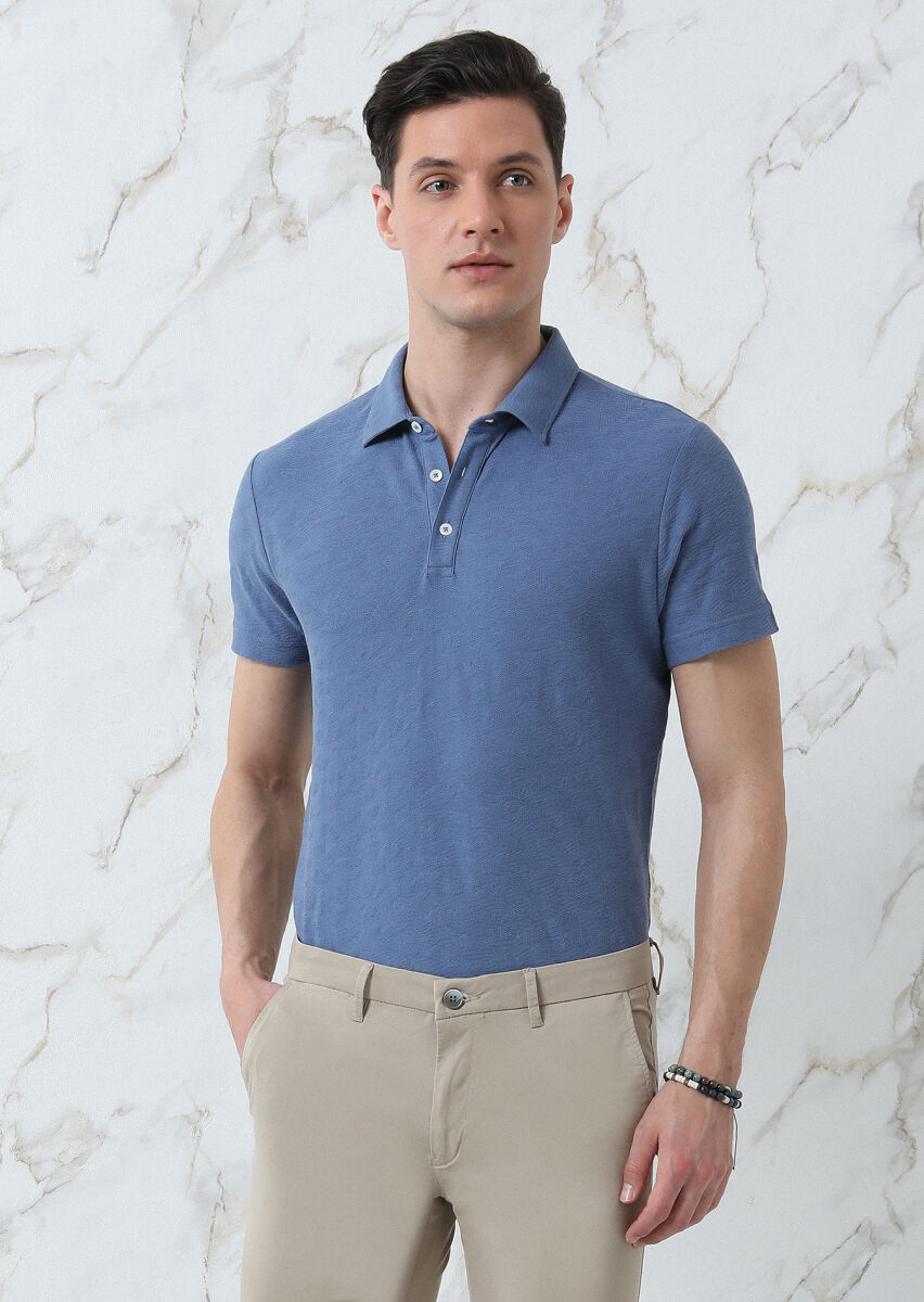Dark Blue Jacquard Polo Neck 100% Cotton T-Shirt - 4