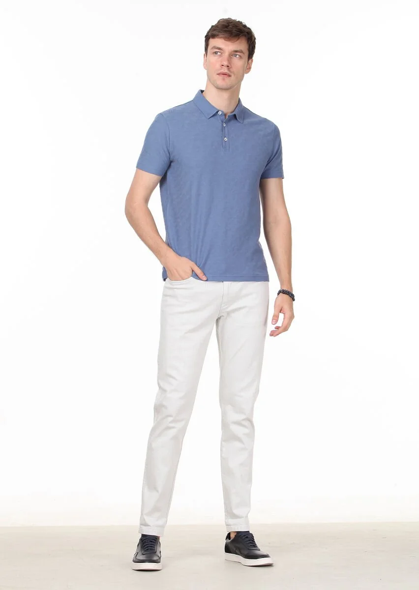 Dark Blue Jacquard Polo Neck 100% Cotton T-Shirt - 3