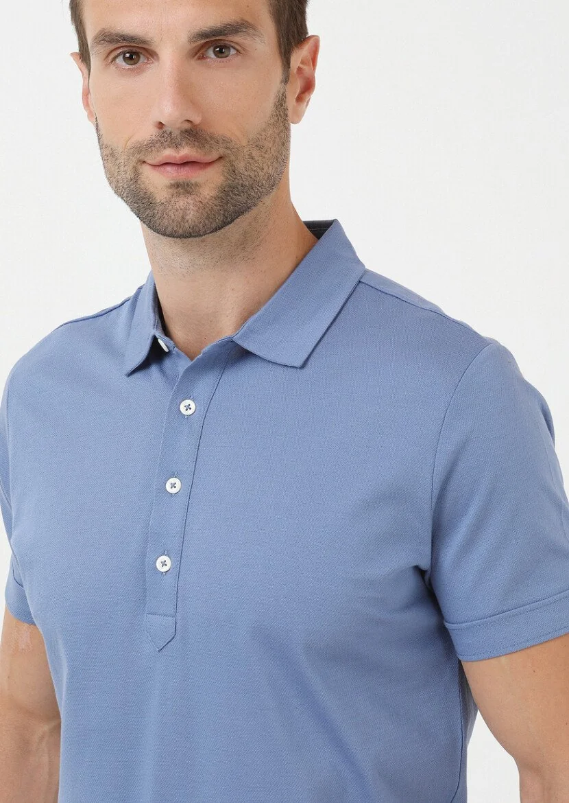 Dark Blue Jacquard Polo Neck 100% Cotton T-Shirt 