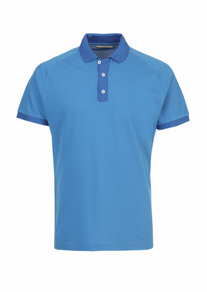 Dark Blue Jacquard Polo Neck 100% Cotton T-Shirt 
