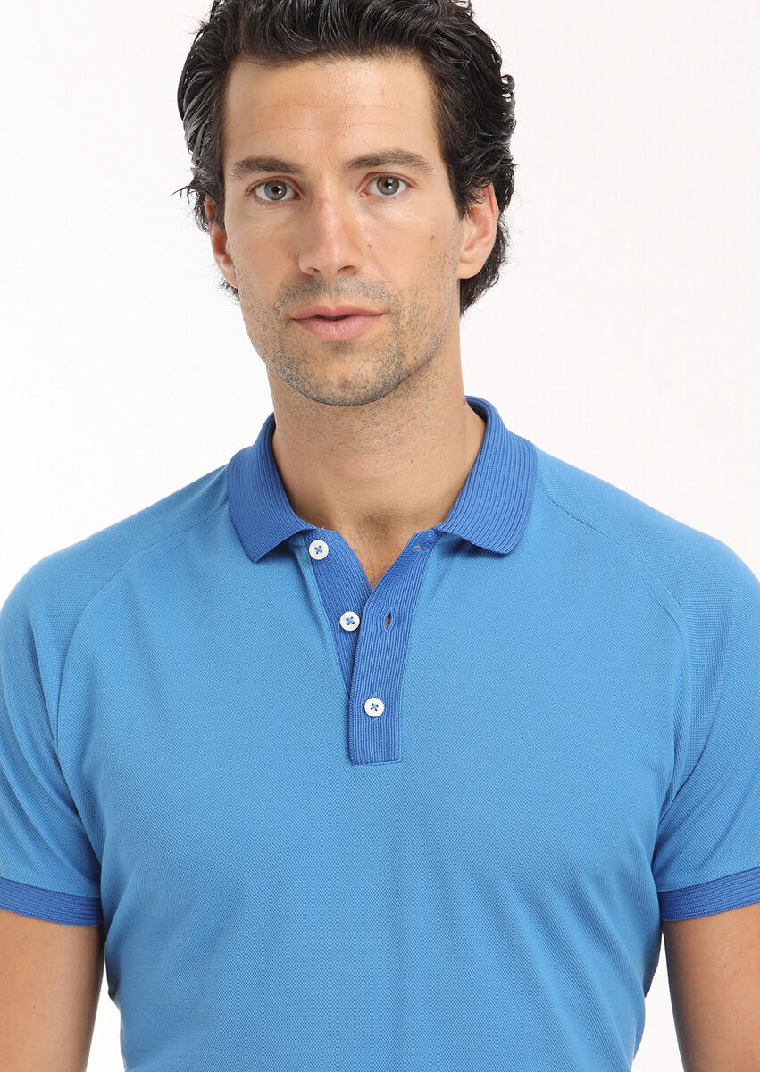 Dark Blue Jacquard Polo Neck 100% Cotton T-Shirt - 5